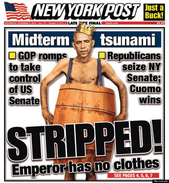Obama er blevet en belastning for Demokraterne og har ikke fået mange invitationer til at føre valgkamp for lokale kandidater. Onsdag i sidste uge havde New York Post denne forside. Foto: NY Post
