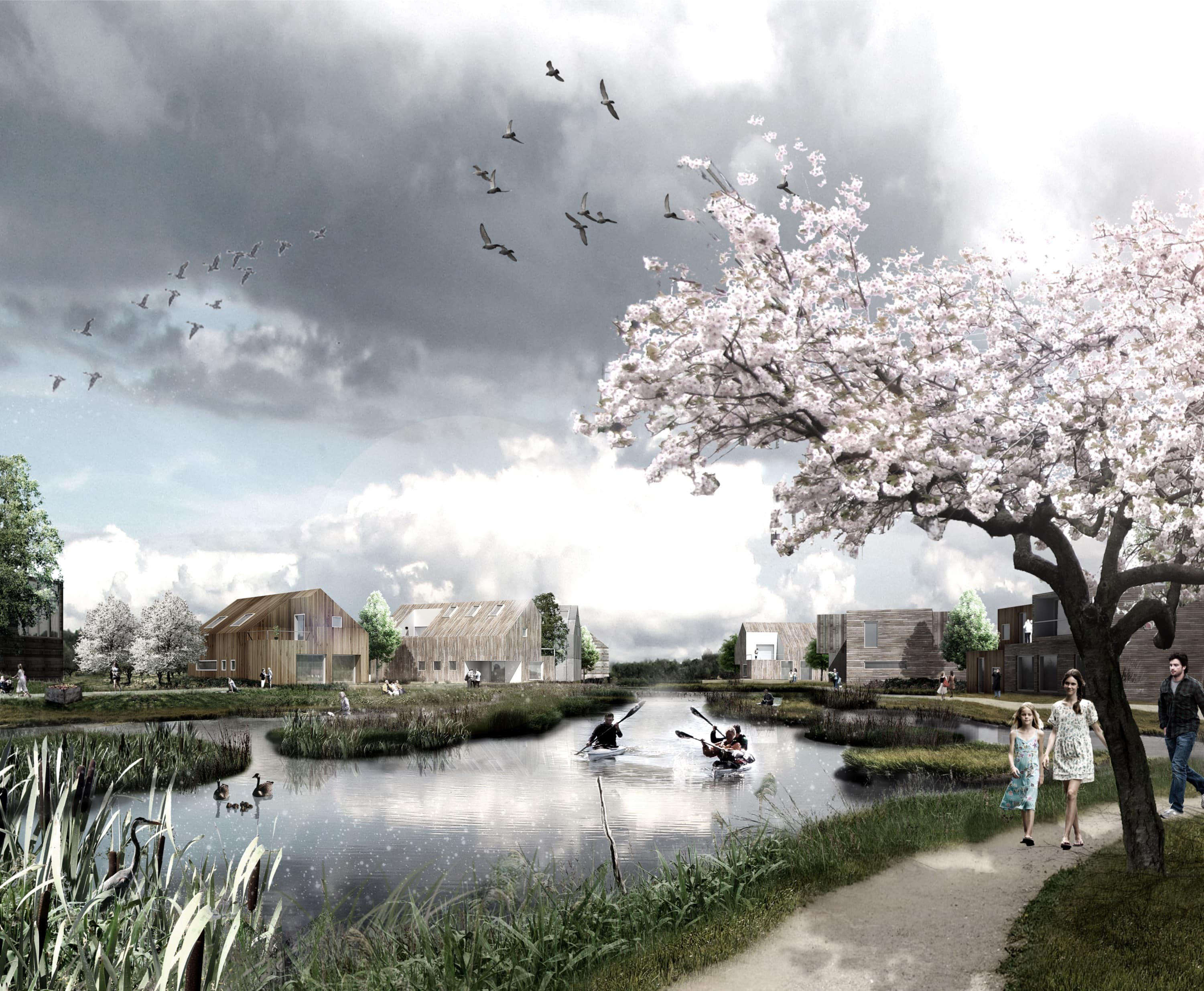 I Vinge bliver bæredygtig teknologi og infrastruktur tænkt med fra begyndelsen. Husene bygges på små øer, så hele området er klimasikret fra begyndelsen. Foto: Tegnestuen SLA
