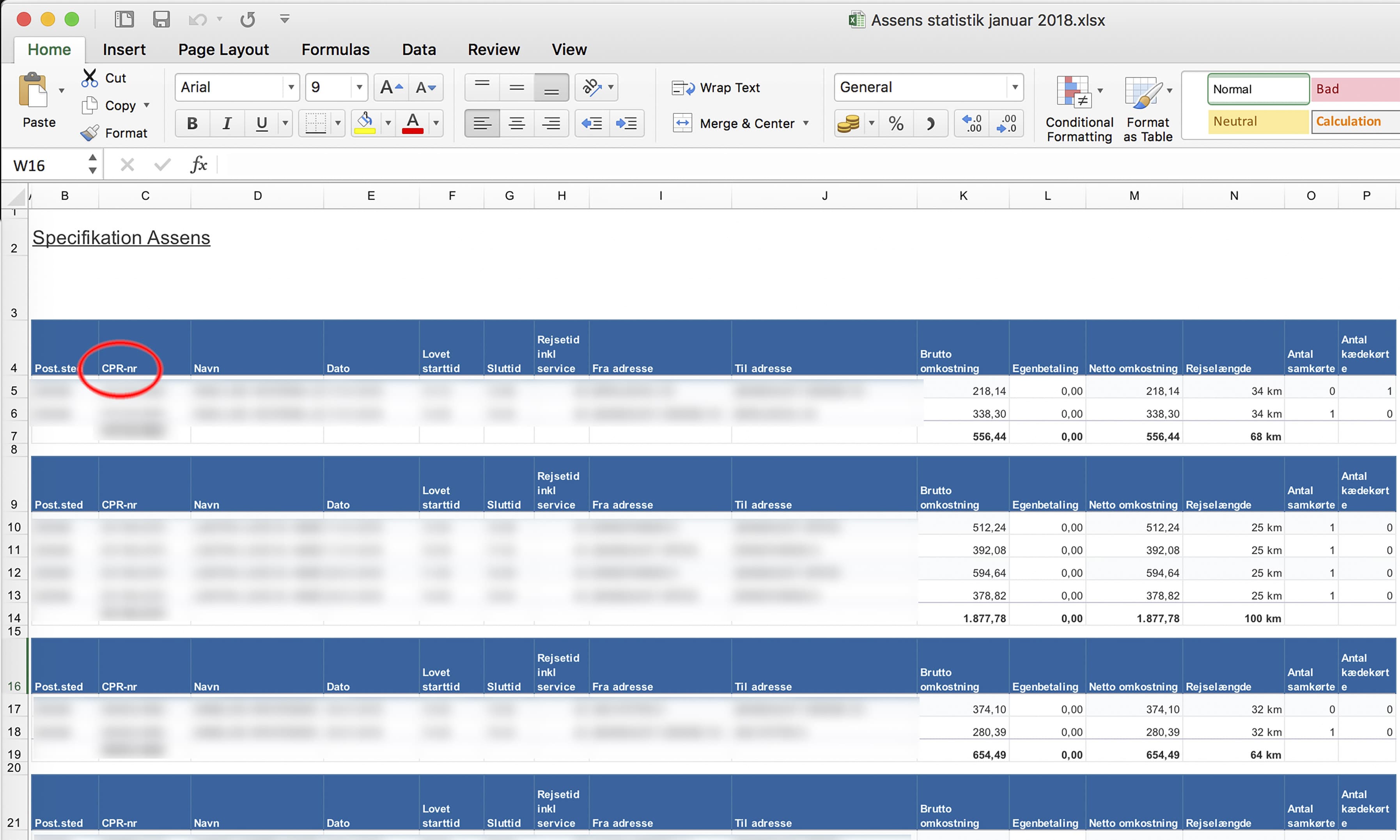 Skærmbillede fra Excel-filen, som er blevet slettet fra min mailboks og alle andre steder på min computer, efter anmodning fra Assens Kommune.