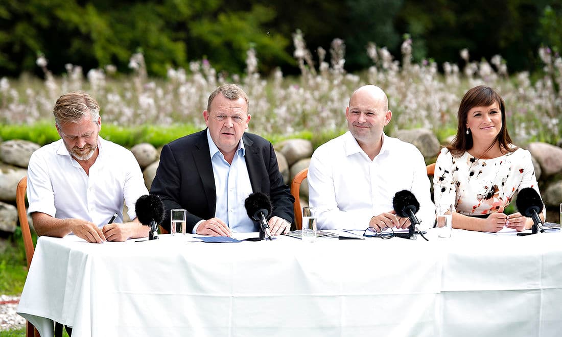 Statsminister Lars Løkke Rasmussen, udenrigsminister Anders Samuelsen, justitsminister Søren Pape og innovationsminister Sophie Løhde holdt pressemøde efter regeringsseminaret på St. Restrup Herregård ved Nibe.