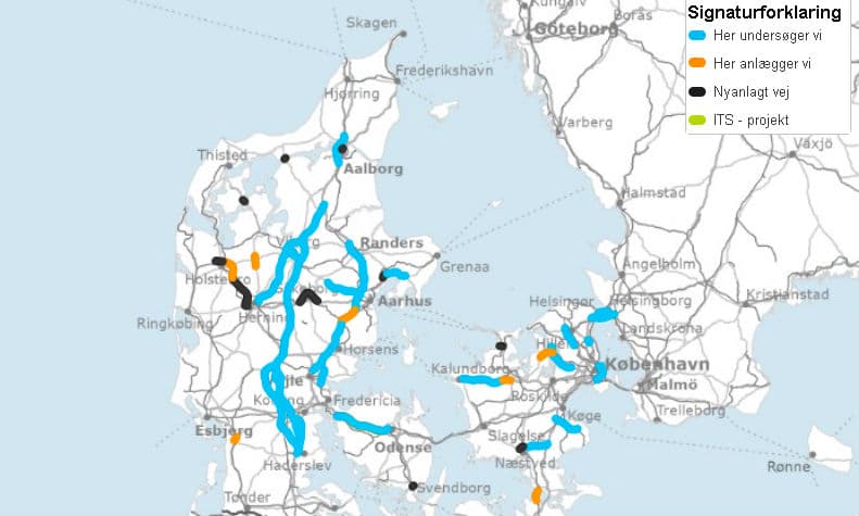 Vejdirektoratets kort over igangværende motorvej/motortrafikvej- samt baneprojekter. Se link til kortet nederst i artiklen.