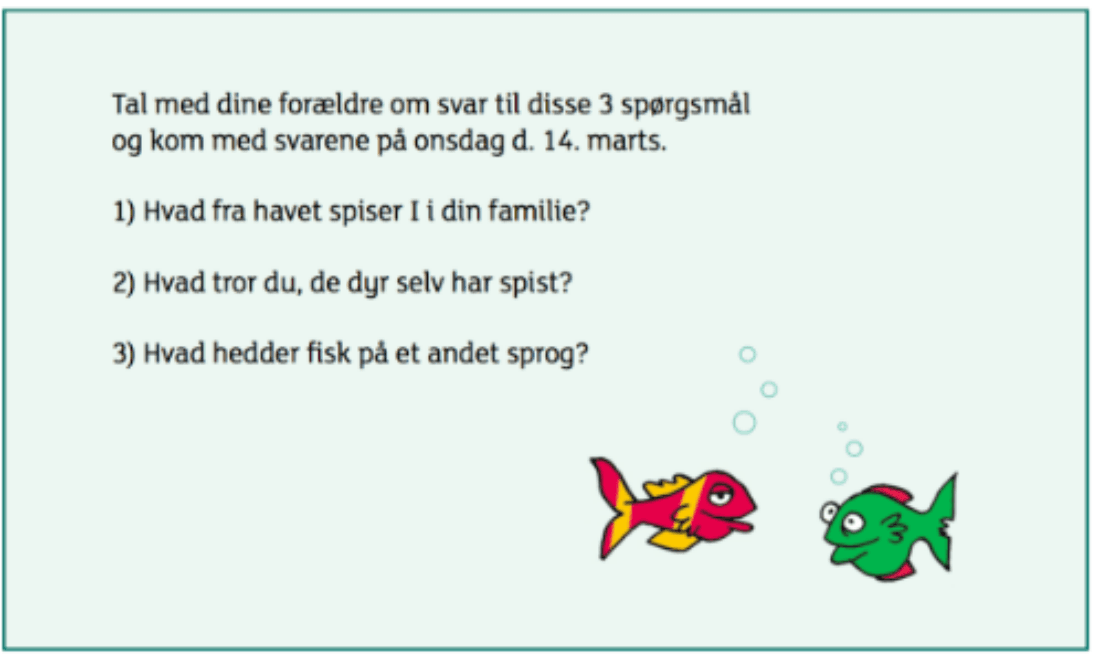 Overstående billede er et eksempel på en af de opgaver, eleverne i 2. klasse får med hjem, som de skal udføre i fællesskab med deres forældre.