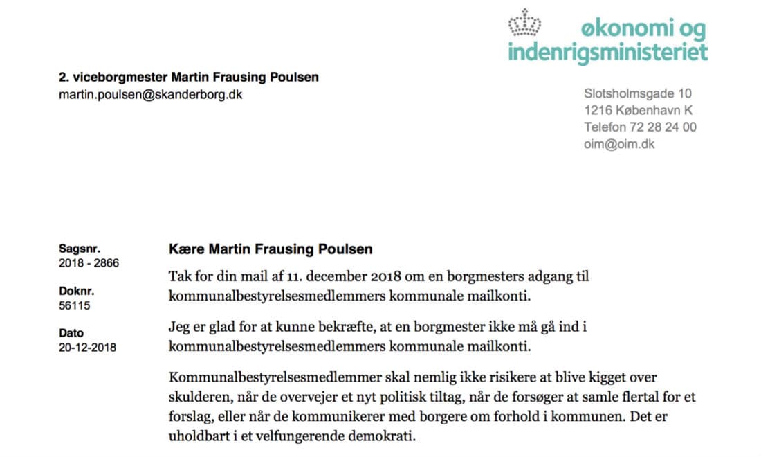 Brev fra indenrigsministeren til byrådsmedlem Martin Frausing.