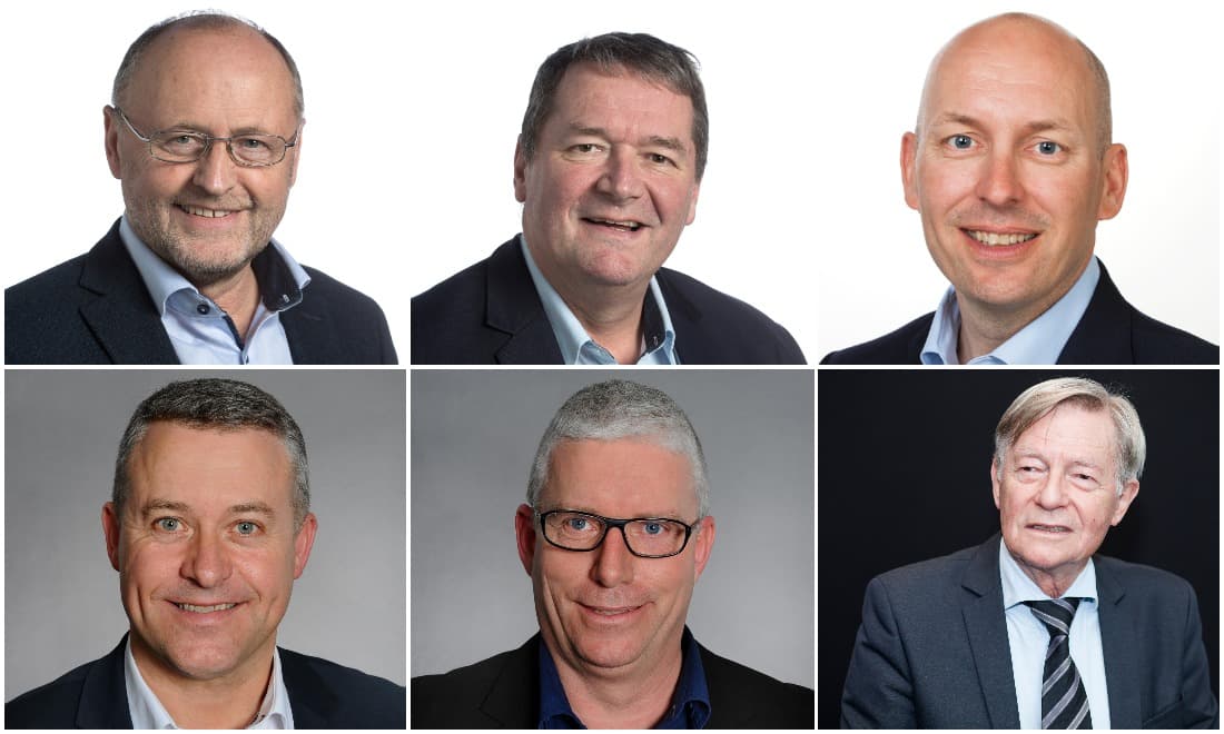 Der er blevet skiftet ud på posterne i marts og april. Øverst fra venstre ses Kaj Kirk og Peter Sørensen, der er blevet løsgængere i Thisted. Ved siden af er Lars Clement, der er ny kommunaldirektør i Skanderborg. Nederst fra venstre er de to stiftere af en ny liste i Varde, Henrik Vej Kastrupsen og Tom Arnt Thorup. Til sidst Per Dalgaard (DF) der forlader byrådet i Syddjurs.