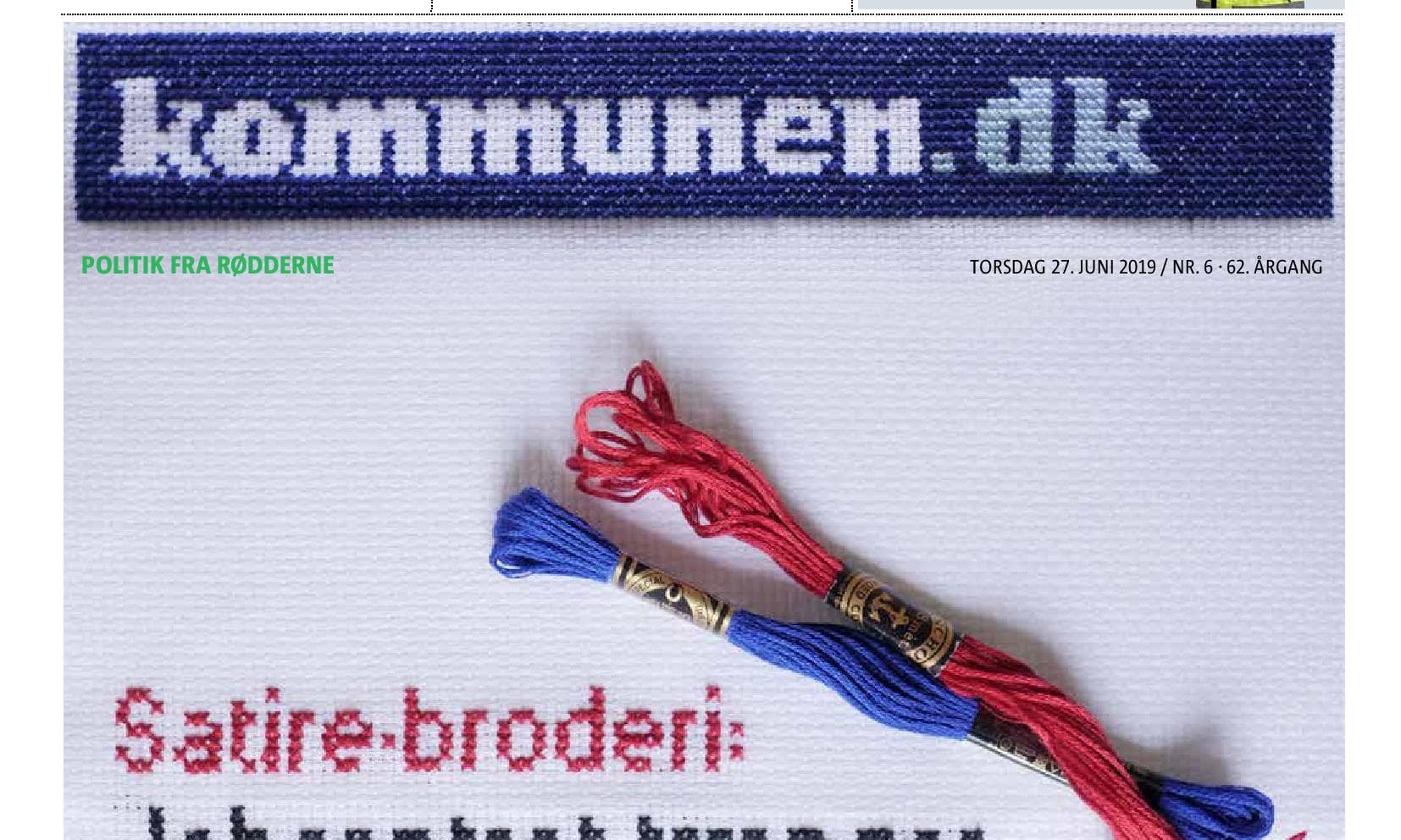 Tidligere redaktionschef Anni Kristensen brugte aftnerne op til avisdeadlinen på at brodere korssting med Kommunen.dks logo. Se hele forsiden længere nede i artiklen.