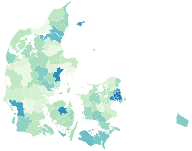 De mørke områder indikerer, hvilke kommuner havde størst årlige indbyggere pr. indbygger i 2019.