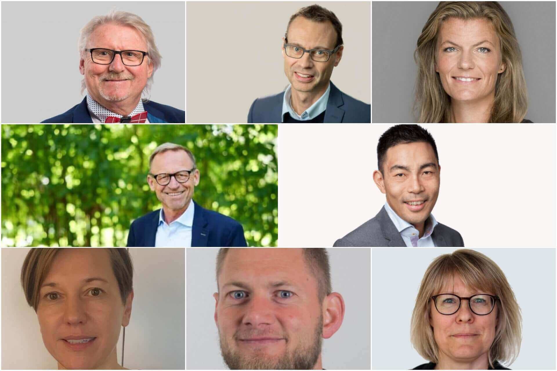 Øverst fra venstre: John Rosenhøj, Mads Leth-Petersen, Anne-Sofie Degn, Ole Jakobsen,,  Mads Young Christensen, Rikke Blom,  Martin Husted og Karina Kisum Jensen.
