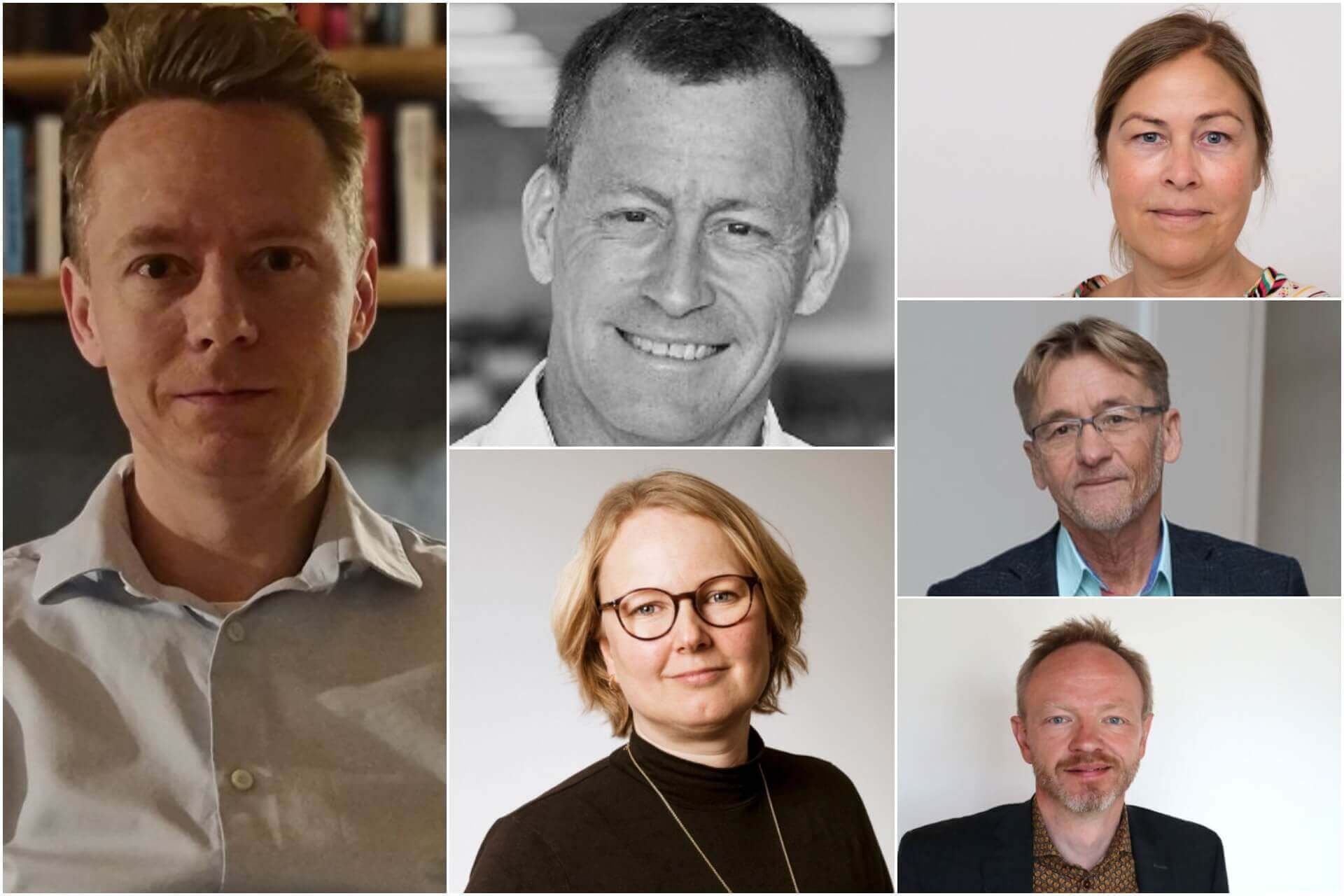 Anders Hansen (tv), Jens Vedel Jørgensen (øverst i midt), Mette Olander (øverst th), Kristine Stange (nederst i midt), John Jensen (midt th), Rune Asmussen (nederst th)
