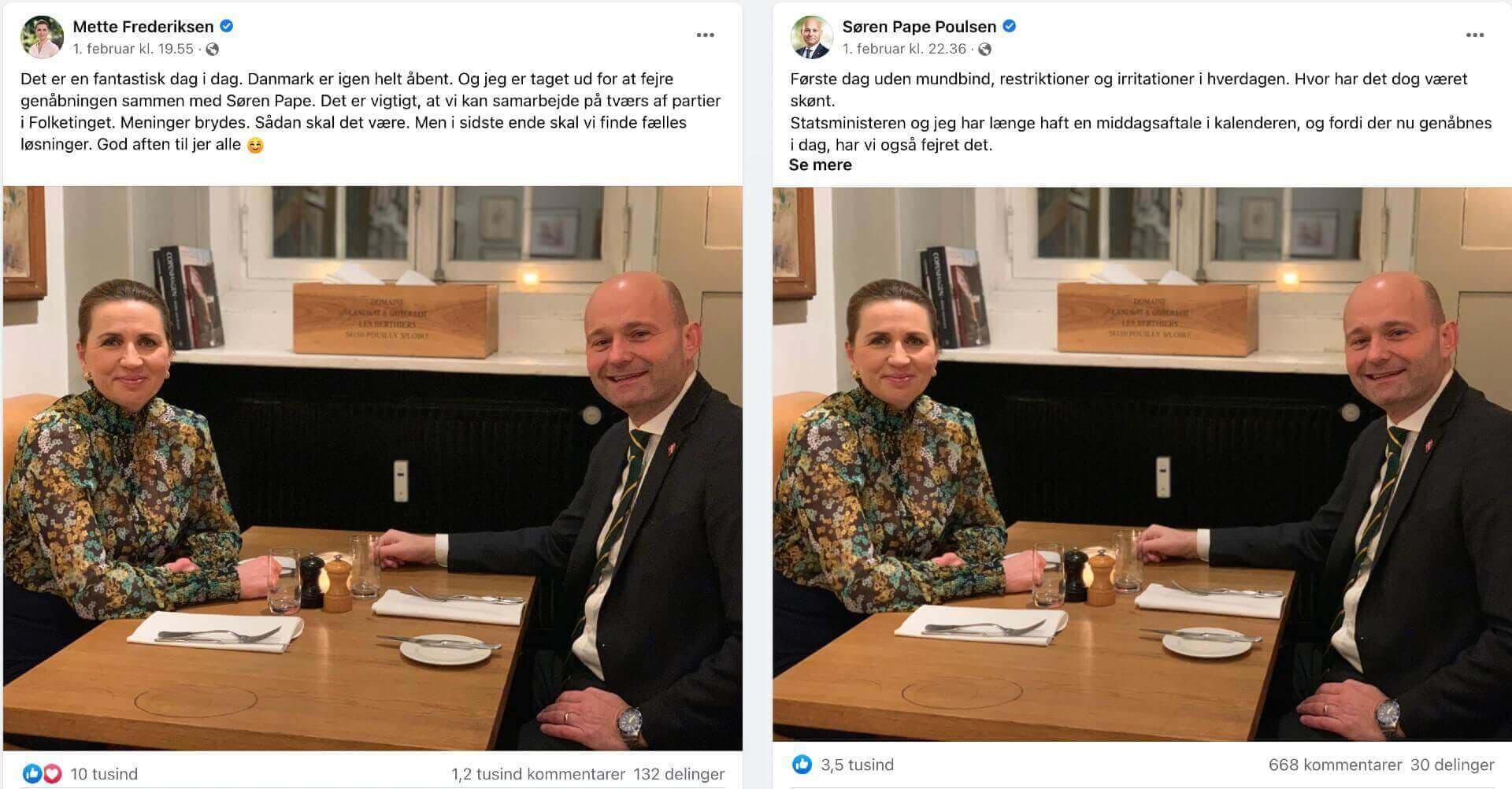 De to partiledere opslog identiske fotos på Facebook, da de var på restaurant den første dag uden coronarestriktioner.
