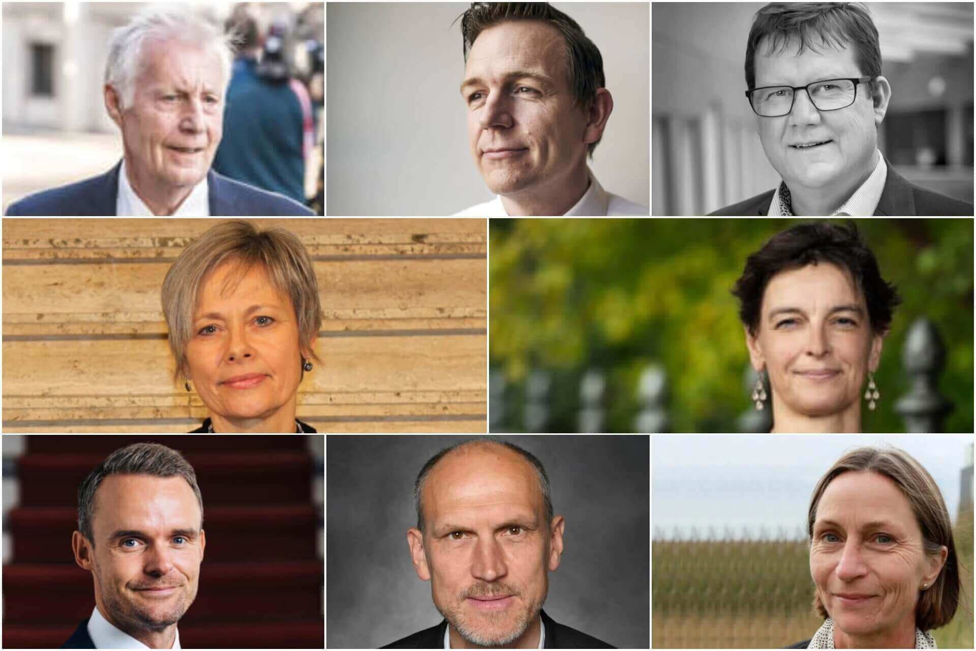 Øverst fra venstre: Henrik Dam Kristensen, Steen Vinderslev, Rasmus Stoklund, Kirsten Løgsted, Sara Vergo,  Morten Møller Iversen, Mads Toftegaard og Mette Heidemann.