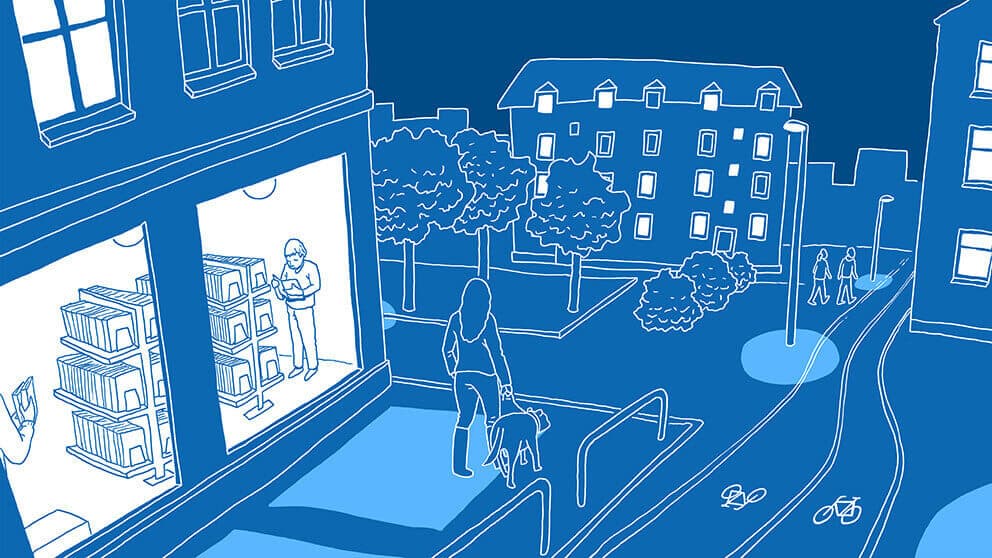 Generelt opleves byrum mere trygge, når der er boliger og aktiviteter i bygningens stueetage. Det kan være et bibliotek, en café, en ungdomsklub eller et fitnesscenter. 