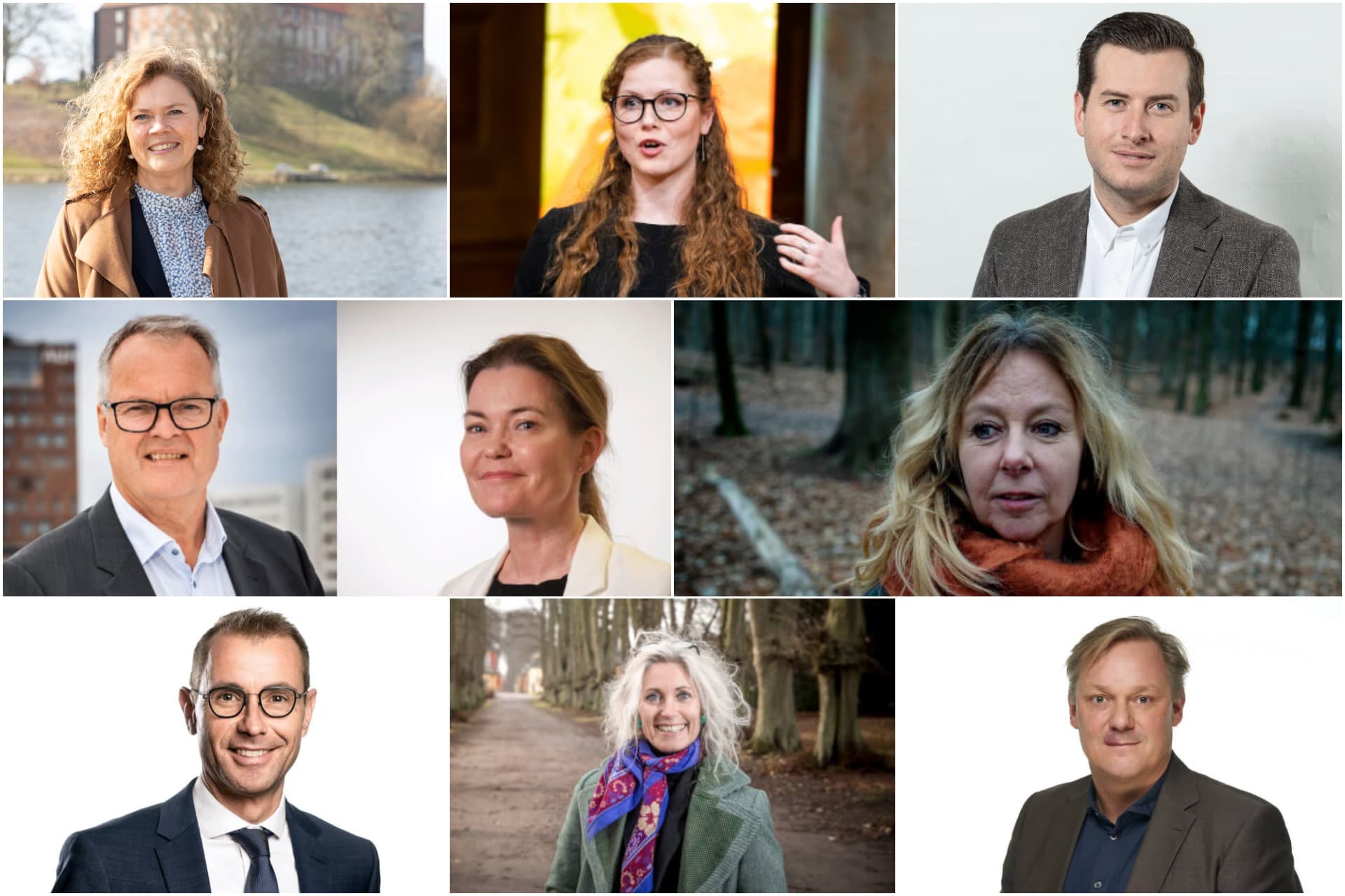 Øverst fra venstre: Pernille France,  Isabella Arendt, Kristoffer Hjort Storm, Jørgen Schøler Kristensen og Rikke Skou Jensen, Puk Elgård, Carsten Riis, Inger Marie Vynne og Flemming Skaarup.