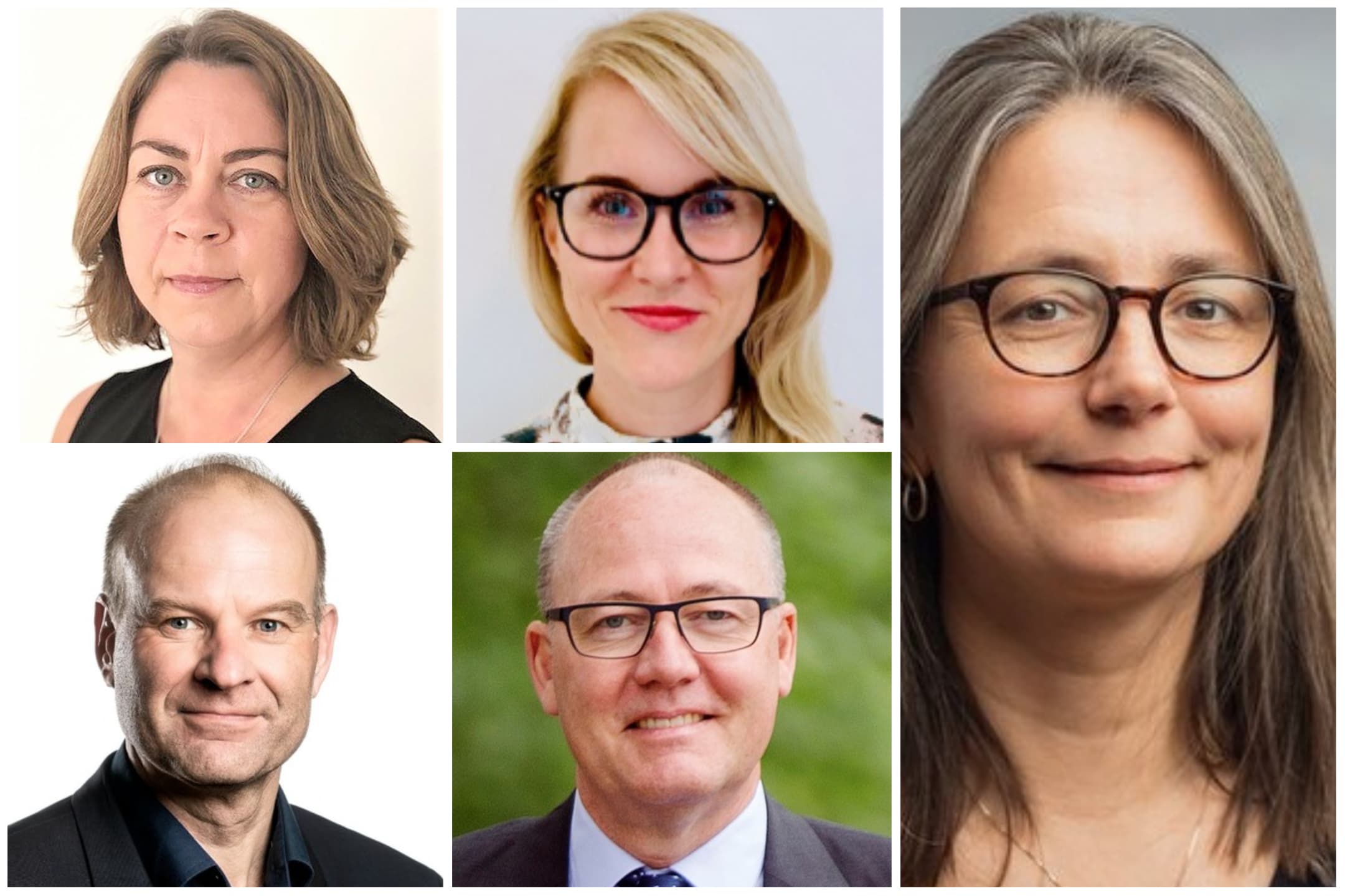 Øverst fra venstre: Louise Schønning, Julie Lund Ladegaard, Ellen Hvidt Thelle, Thomas Knudsen og  Henrik Winther Nielsen.