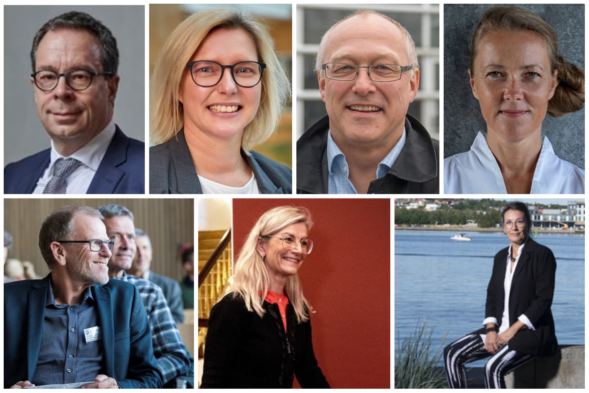 Øverst fra venstre: Nicolai Kragh Petersen, ny kommunaldirektør i Furesø, Tine Gram, ny direktør i Fredensborg, Anders Agger, afgående kommunaldirektør i Rødovre, Stine Johansen, ny direktør i KL, Thorbjørn Sørensen, ny klimadirektør i Middelfart,  Ulla Tørnæs og Charlotte Heldorf Rønn, ny direktør for Klima og Miljø i Aalborg.