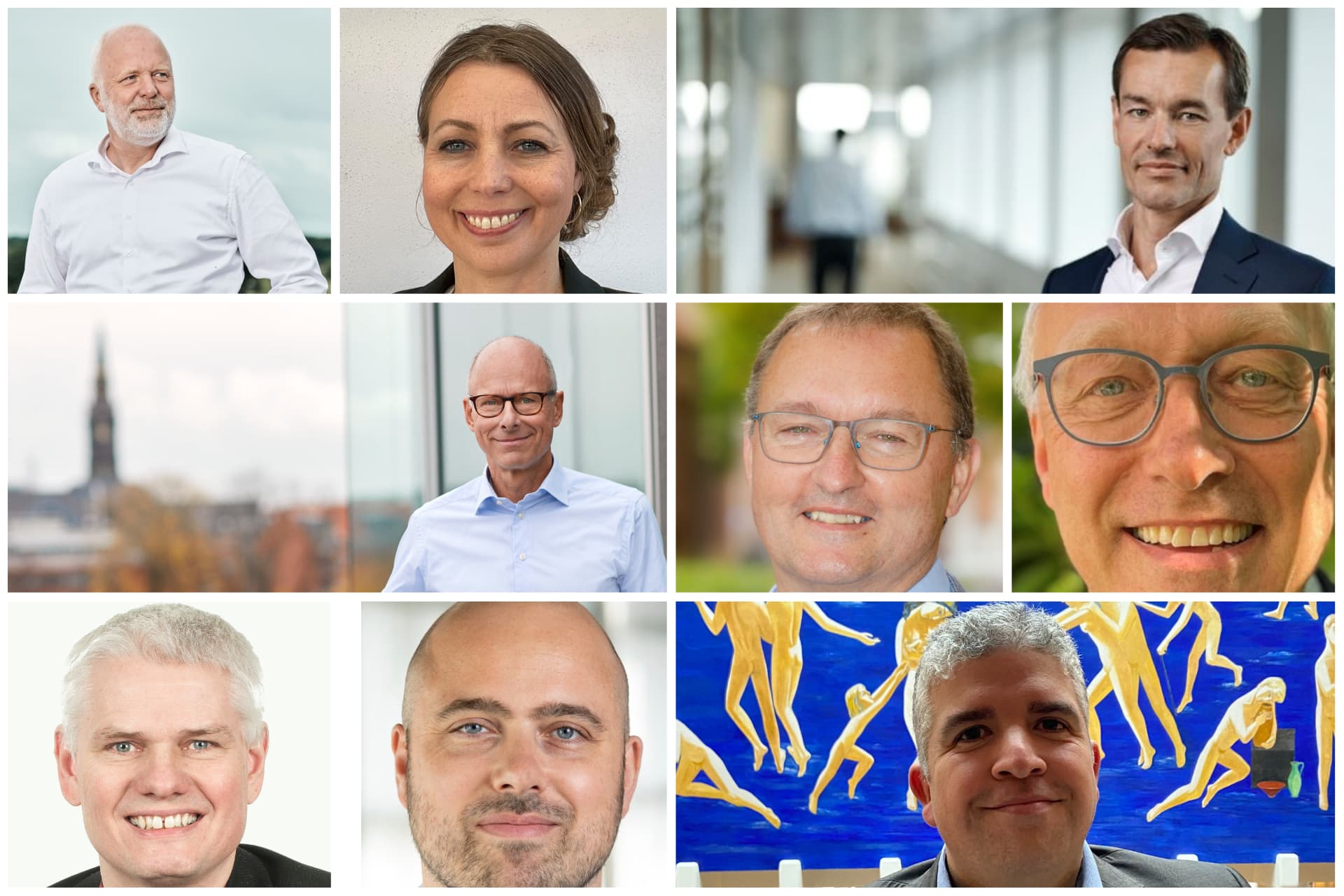 Øverst fra venstre: Christian Udby, fra nytår ny direktør for Sønderborg Forsyning, Louise Berg, ny voksendirektør i Ikast-Brande Kommune, Rolf Kjærgaard, afgående direktør i Vækstfonden, Klaus Holse, ny formand for landets største erhvervsorganisation, Dansk Industri, Willy Feddersen, ny direktør for teknik, miljø og bæredygtighed i Sønderborg Kommune, Anders Agger, ny kommunaldirektør i Lejre Kommune, Carsten Lund, afgående vicekommunaldirektør og direktør for Børne,- Uddannelse- og Sundhedsforvaltningen i Sønderborg Kommune, Magnus T. Jensen, ny direktør for Steno Diabetes Center Copenhagen i Herlev og Alvaro Arriagada, ny direktør for By og Land i Aalborg.