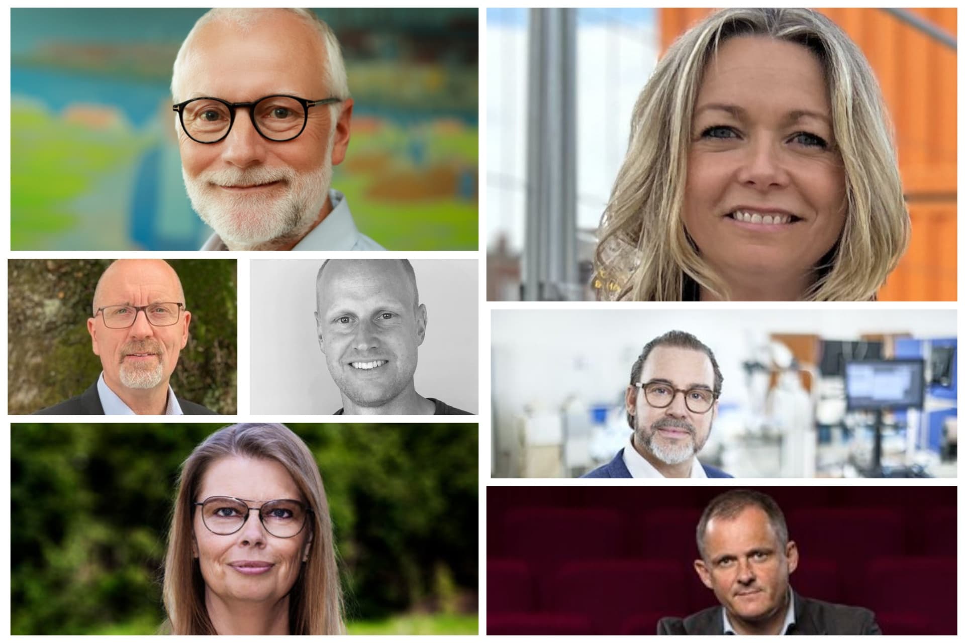 Øverst, 1. kolonne: Niels Milo Poulsen, ny kommunaldirektør i Halsnæs, Henrik Littau-Jensen, ny chef for anlæg og ejendomme i Skanderborg, Flemming Poulsen, ny chef for Mariagerfjord Kommunes kultur- og fritidsområde, Rikke Saltoft, ny direktør i Selskabet AffaldPlus, som ejes af Faxe, Næstved, Ringsted, Slagelse, Sorø, og Vordingborg kommuner, 2. kolonne, øverst: Mai Strunge Jarvis, ny chef for Klima og Miljø i Haderslev, Ricco Norman Dyhr, ny direktør for det fusionerede Nykøbing F. Sygehus og Sjællands Universitetshospital, Jan Christensen, fastansat som direktør i Musikhuset Aarhus.