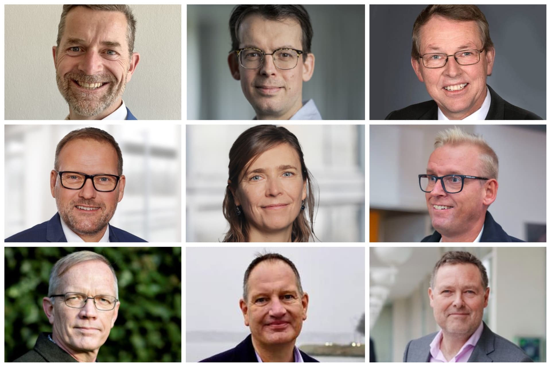 Øverst fra venstre: Poul Jepsen, ny by-, kultur- og miljødirektør i Frederiksberg Kommune, Christian Vind, ny direktør i Plan- og Landdistriktsstyrelsen, Klaus Hansen (V), ny borgmester i Ringsted Kommune, René Christensen, fra Dansk Folkeparti til Moderaterne i Guldborgsund Kommune, Lise Stidsen Vandahl, ny direktør for Børne- og ungeområdet i Frederiksberg Kommune, Steen Wrist (S), afgående borgmester i Fredericia Kommune, Lars Dahl Pedersen, ny direktør for Aalborg Universitetshospital, Jan Michelsen, ny direktør for Teknik, Erhverv og Beskæftigelse i Thisted Kommune og Steinar Eggen Kristensen, ny direktør for kultur, erhverv og arbejdsmarked i Holstebro Kommune. 