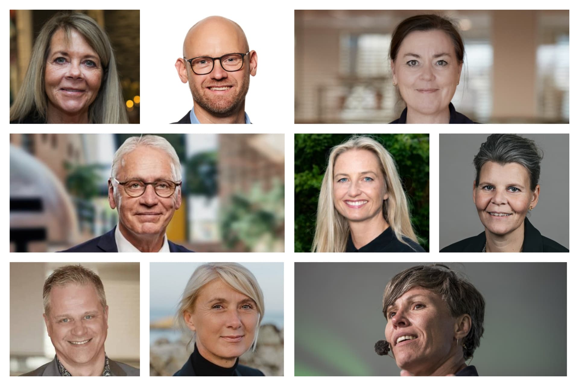 Øverst fra venstre: Partihopper fra Nye Borgerlige til Dansk Folkeparti. Githa Nelander, ny præhospitaldirektør i Region Syddanmark, Rolf Dalsgaard Johansen, konstitueret kommunaldirektør i Ballerup,  Vibeke Post Madsen, Holstebros afgående borgmester H. C. Østerby (S), ny centerchef i Dragør, Kamille Godrim Jakobsen, ny direktør for teknik, erhverv og kultur i Nordfyns Kommune, Louise Rasmussen, ny stadsdirektør i Odense, Eik Møller, ny vicedirektør i Region Hovedstaden, Lillian Rasch Madsen og ny direktør i Friluftsrådet, Winni Grosbøll.