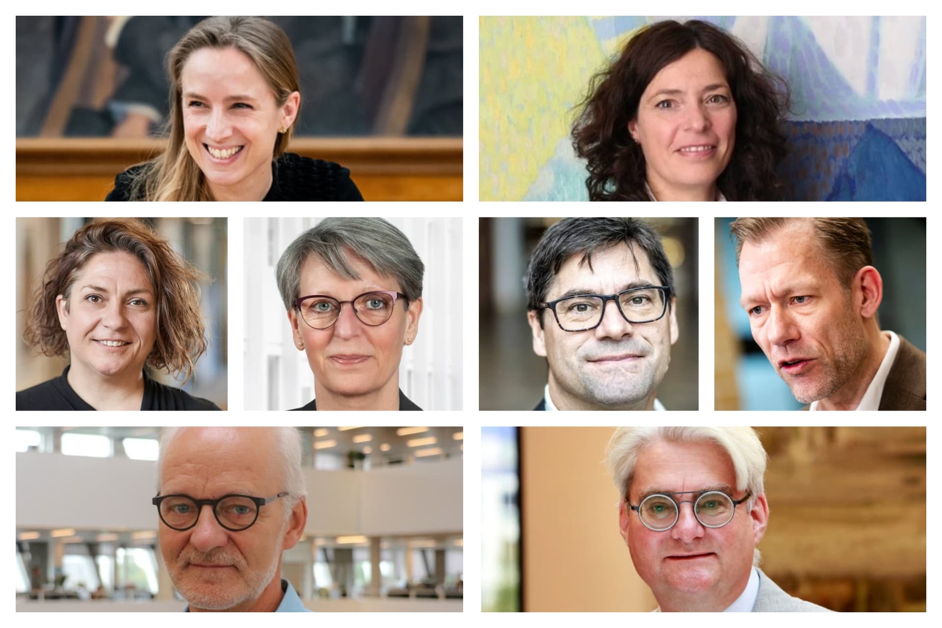 Øverst fra venstre: Anja Whittard Dalberg, ny direktør for byudvikling i Fredensborg, Malene Ingwersen, byrådsmedlem i Mariagerfjord, udmeldt af EL, Lise Plougmann Willer, afgået direktør for Borger & Arbejdsmarked i Esbjerg,  Hosea Dutschke, ny kommunaldirektør i Odder, Heino Knudsen (S), afgående regionsrådsformand i Region Sjælland, Hans Jørn Laursen, afgående teknik- og miljødirektør i Viborg,  Søren Pind, ny formand for Biogas Danmark.