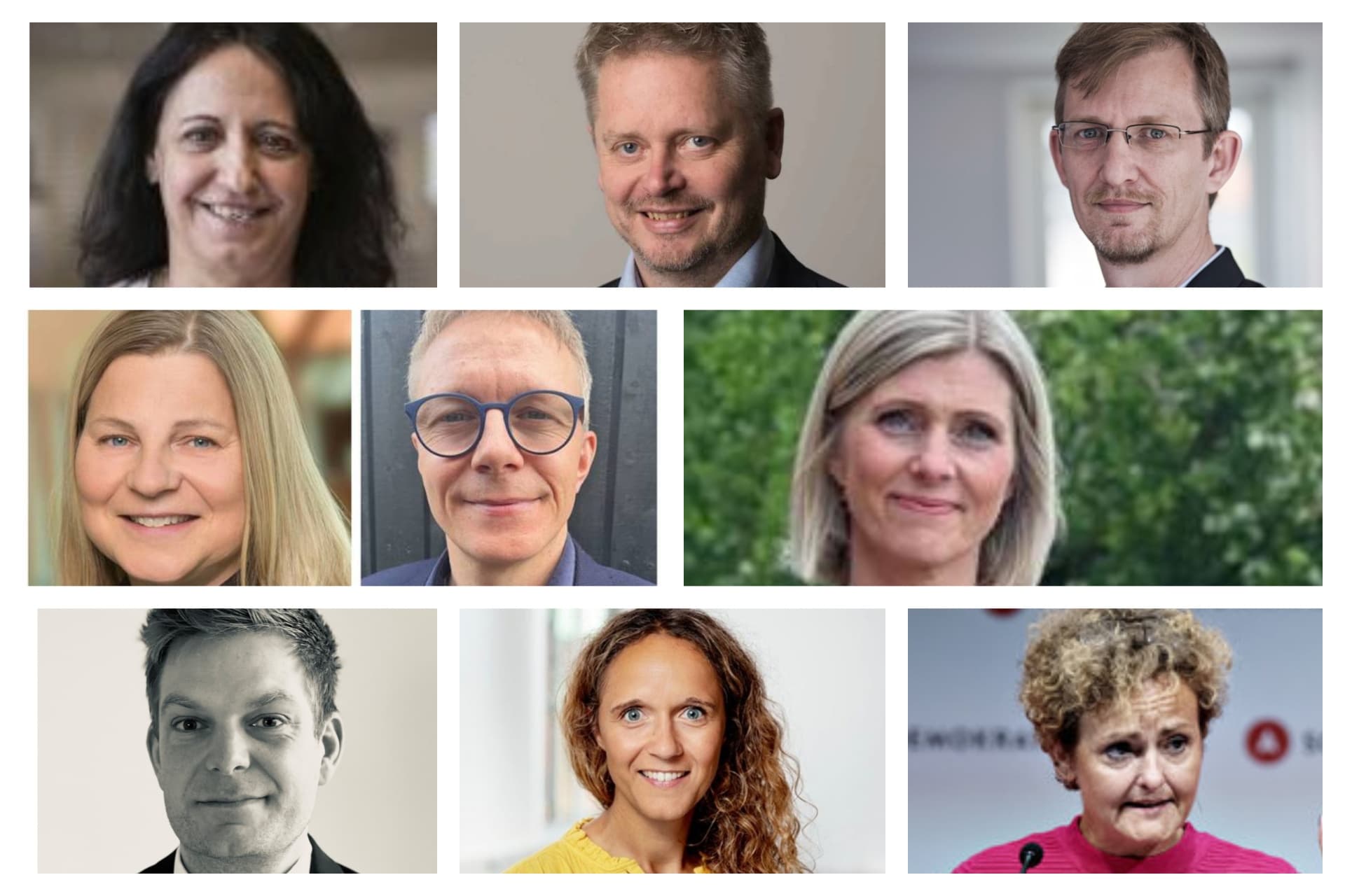 Øverst fra venstre: Saime Bilen Inanc, skifter fra EL til R i byrådet i Ballerup, , Mogens Birkelund (K), viceborgmester i Skive, Lars Nedergaard , ny direktør for børne- og kulturforvaltningen i Køge, Louise Piester  og Martin Nordentoft Rasmussen, hhv. ny direktør for plan, teknik og erhverv og sundhed, pleje og rehabilitering i Dragør, Rikke Petersen Ravn, ny sygefaglig direktør på Regionshospitalet Randers, Søren Heldgaard Olesen, ny økonomidirektør i Region Midtjylland, Mette Arnsfelt McPhail, ny kontorchef for børn, unge og folkeskole i KL og Pernille Rosenkrantz-Theil (S), afgående medlem af Folketinget.