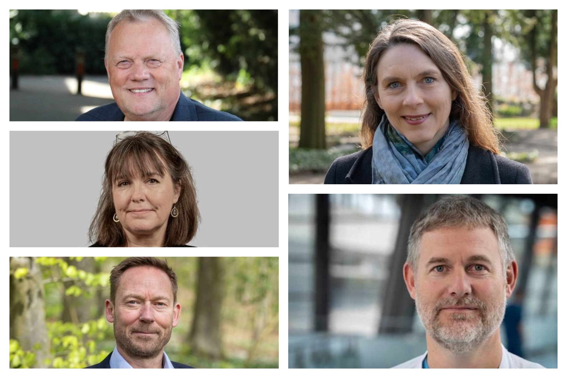 Øverst fra venstre: Lars Lindskov, eks-konservativ, ny for Moderaterne i Roskilde og Region Sjælland, Susanne Renée Grunkin, ny stadsarkitekt i Odense Kommune, Karoline Klaksvig, ny kommunaldirektør i Varde Kommune, Carsten Møller Beck, ny direktør for Social, Sundhed og Omsorg i Mariagerfjord Kommune,  og Dan Brun Petersen, konstitueret direktør for Det Nære Sundhedsvæsen i Region Sjælland.