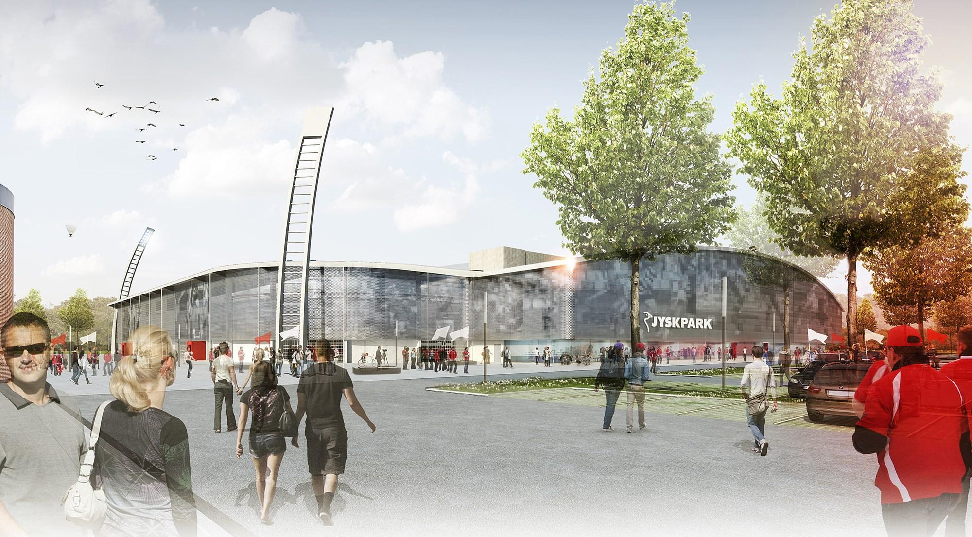 Det nye stadion i Silkeborg JYSK Park bliver ifølge borgmester Steen Vindum det mest moderne i Danmark. Det forventes at stå klar til superligabold i 2016. Ti millioner kroner af finansieringen kommer fra JYSK-koncernen, der har betalt for stadionnavnet. 
Foto: presse