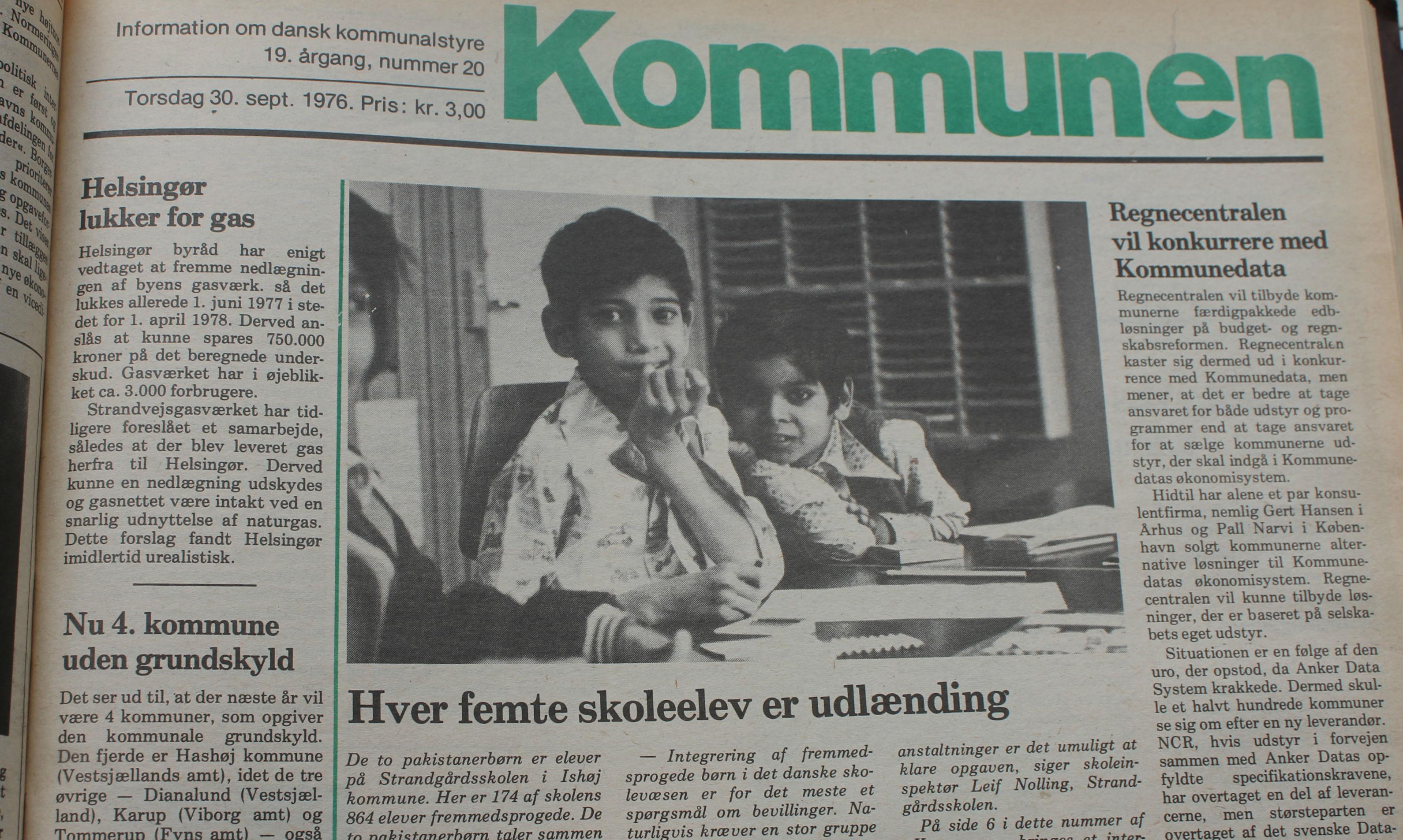 Tophistorien i Kommunen 30. 9. 1976 handlede om den usædvanlige kommuneskole i Ishøj, hvor 174 af 864 børn ifølge artiklen var fremmedsprogede.