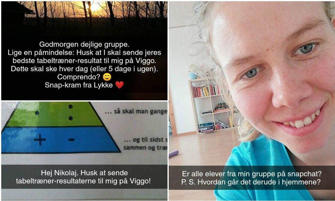 Lykke Bonde Davidsen kommunikerer blandt andet med sine elever via Snapchat. Hun minder dem blandt andet om at aflevere opgaver og hører til, hvordan det går.