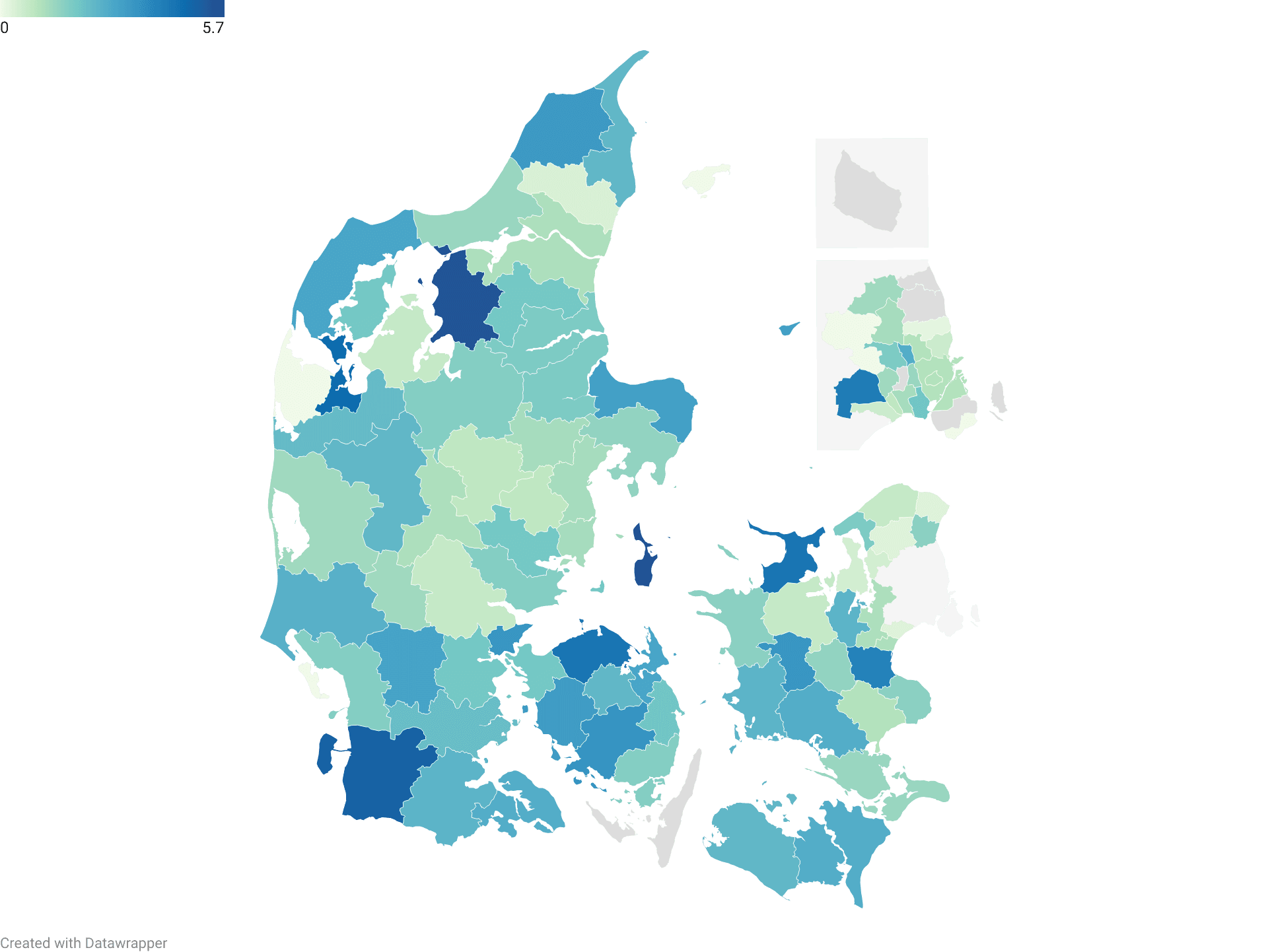 Kort over antallet af påbegyndte børnehusforløb pr. kommune pr. 1000 barn.