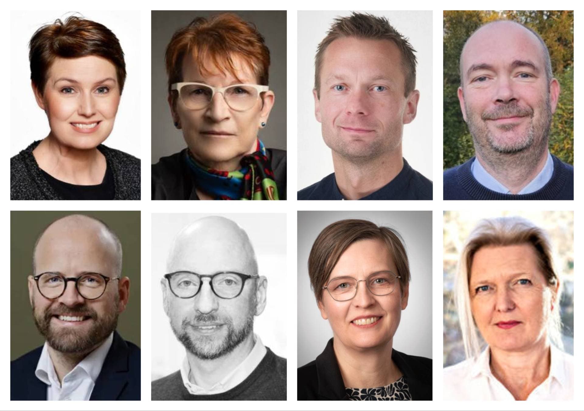 Øverst fra venstre: Heidi Boss Nyby, byrådsmedlem for Venstre i Fredensborg, Anne Grete Bülow, fra løsgænger til Alternativet i Lyngby-Taarbæk, Jeppe Ugilt, viceborgmester og tilbagevendt Venstremedlem i Rebild, Jens Saabye, ny direktør i Allerød, Simon Gravers Jacobsen, ny direktør for børne-, kultur-, teknik- og miljøområdet i Tårnby, Kresten Jensen, ny byggeleder for stadionmodernisering i Odense, Lene Borregaard, ny fastansat administrerende direktør på Sygehus Sønderjylland og Helene Bækmark, ny direktør for regionssekretariatet i Region Midtjylland.
