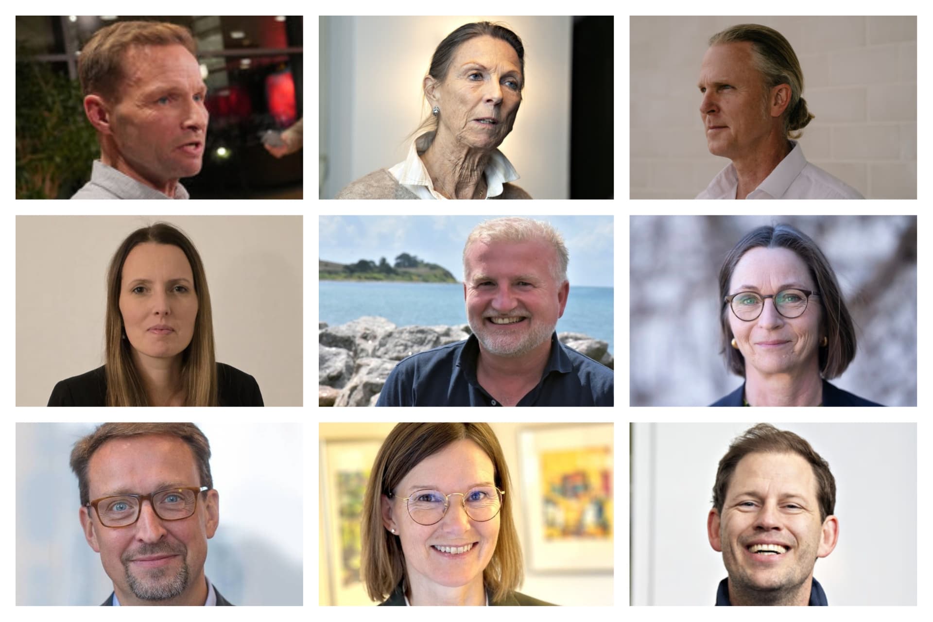 Øverst fra venstre: Andreas Keil (S), ny fagborgmester i København, Vibeke Gamst (k), ekskluderet byrådsmedlem i Aalborg, Henning Urban Dam Nielsen (S), afgående borgmester i Stevns, Sasia Rosenkilde Jeppesen, ny stabschef for politik, jura og kommunikation i Randers, Carsten Kruse, ny trafikdirektør på Samsø, Mette Heidemann afgående direktør for Unge, Voksen og Senior i Fredericia og ny direktør på Sygehus Lillebælt, Jakob Bigum Lundberg, ny direktør for Køges Velfærdsforvaltning, Jytte Heidmann, ny sygeplejefaglig direktør på Aalborg Universitetshospital, Mads Duedahl (V), ny formand for Danske Regioner.